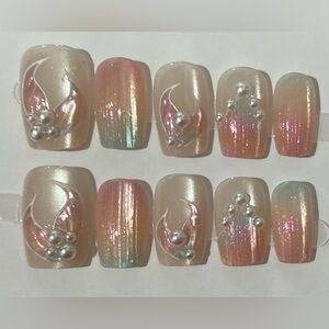 [S] 10Pcs Wearable Press on Nails Full Cover Square Rainbow Shiny White Pearls